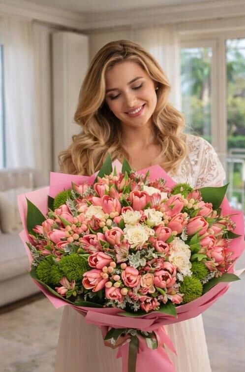 Pembe Lale ve Gül Buketi