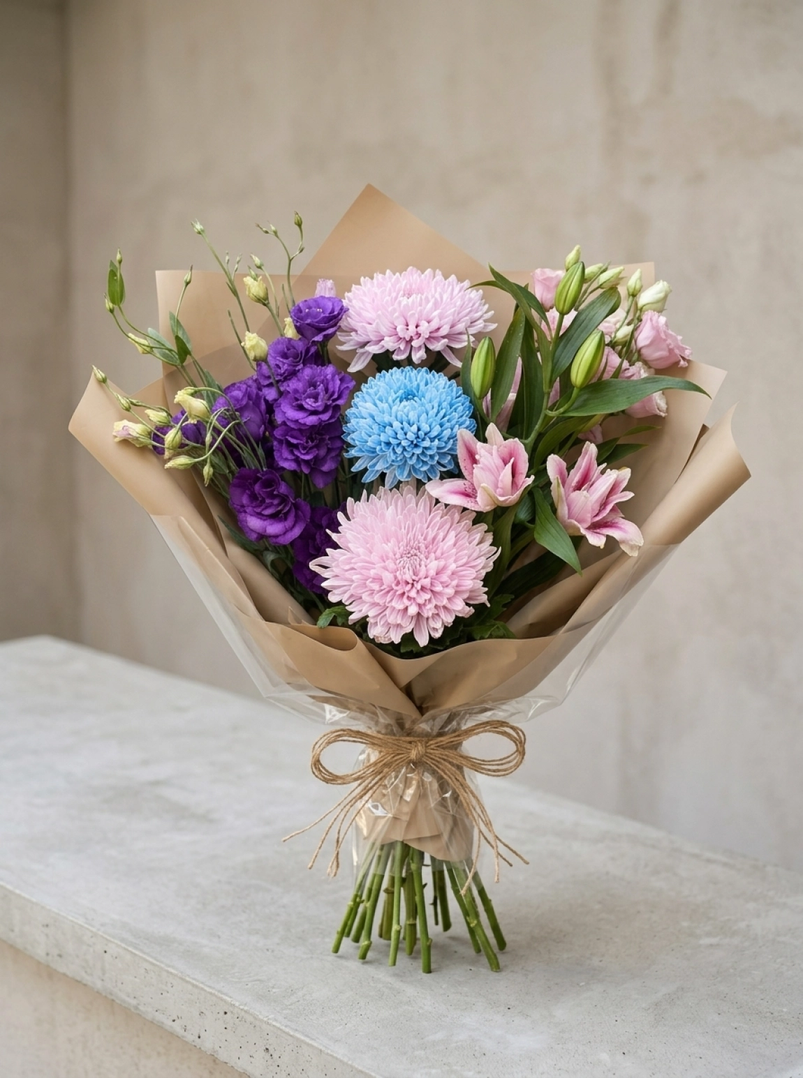 Renkli Krizantem Ve Mor Lisianthus Tasarımlı Şık Buket